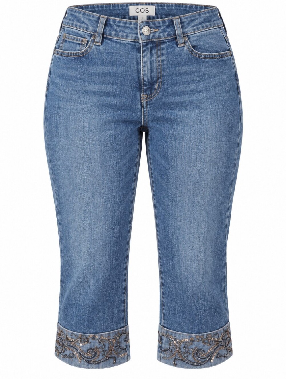 COS‎ JEANS | Blue Embroidered Sequin Cuff Cropped Capri Jeans Boho Y2K | 10